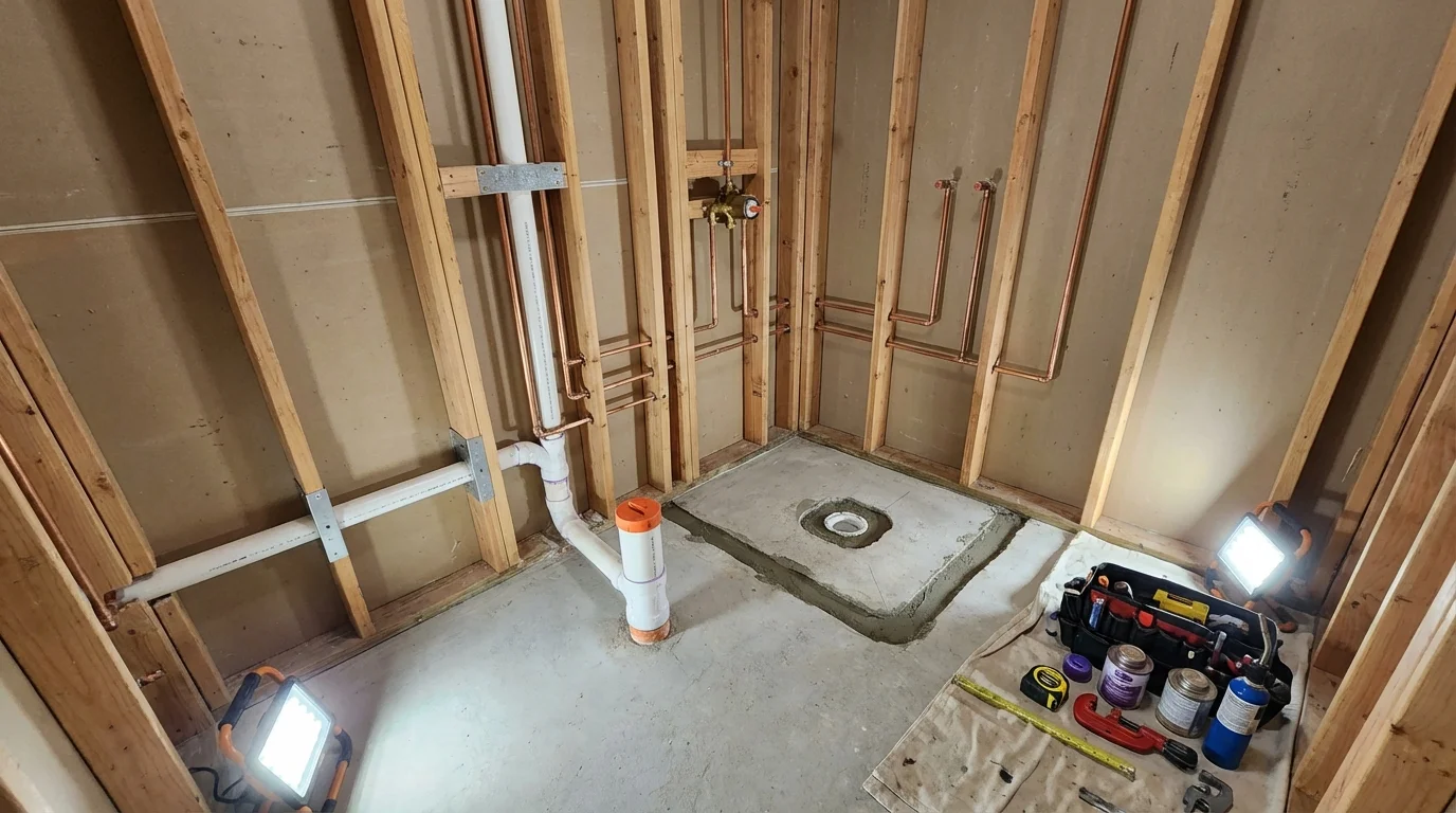 Bathroom rough-in plumbing during remodel by Johns Plumbing LLC in Annapolis