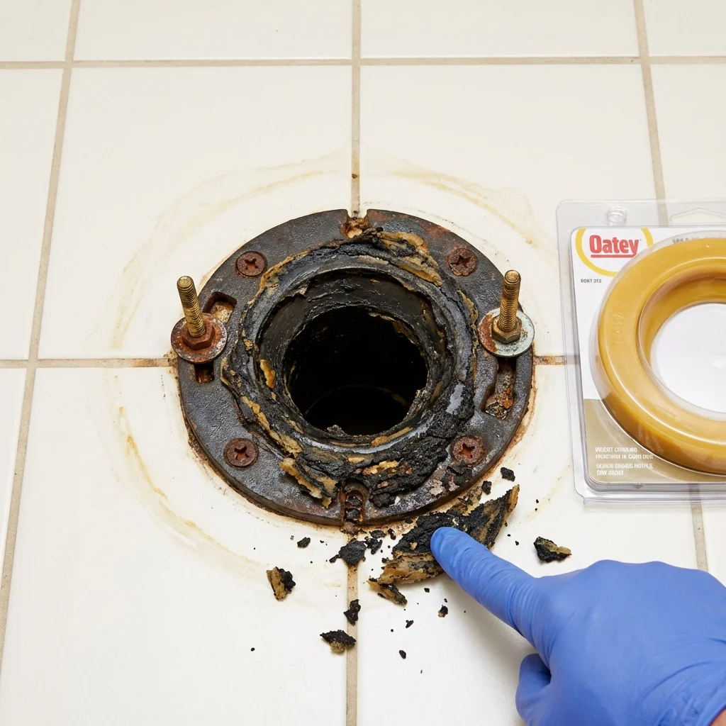 Failed wax ring showing water seepage at the base of a toilet in a Annapolis, MD home